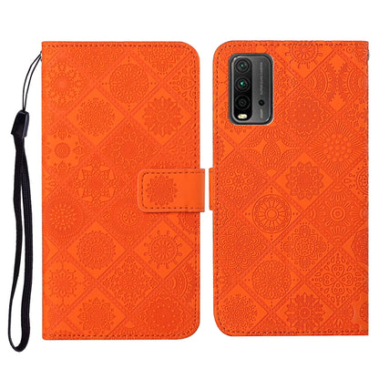 Orange embossed pattern flip leather phone wallet case with card slots and wrist lanyard