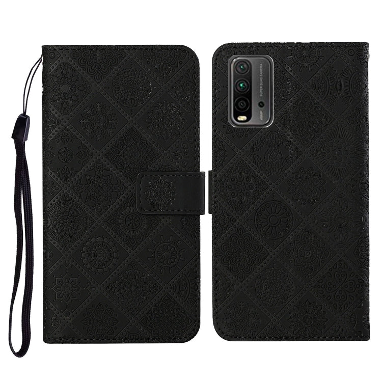 Black embossed pattern flip leather phone wallet case with card slots and wrist lanyard