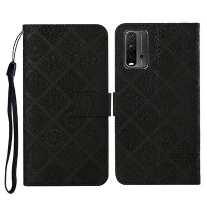 Black embossed pattern flip leather phone wallet case with card slots and wrist lanyard