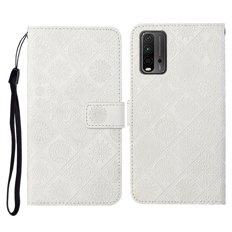 White embossed pattern flip leather phone wallet case with card slots and wrist lanyard