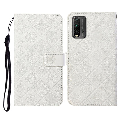 White embossed pattern flip leather phone wallet case with card slots and wrist lanyard