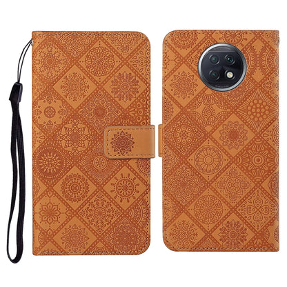 Brown embossed pattern flip leather phone wallet case with card slots and wrist lanyard