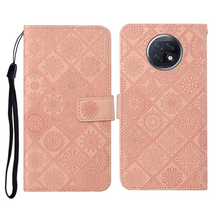 Light pink embossed pattern flip leather phone wallet case with card slots and wrist lanyard