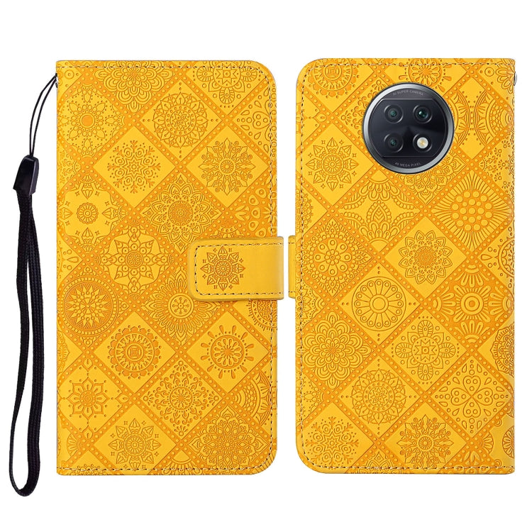 Gold yellow embossed pattern flip leather phone wallet case with card slots and wrist lanyard