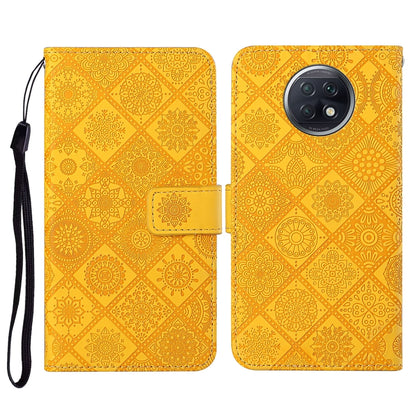 Gold yellow embossed pattern flip leather phone wallet case with card slots and wrist lanyard