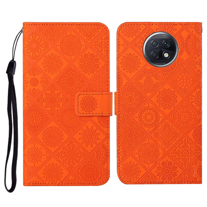 Orange embossed flip leather phone wallet case with card slots and wrist lanyard
