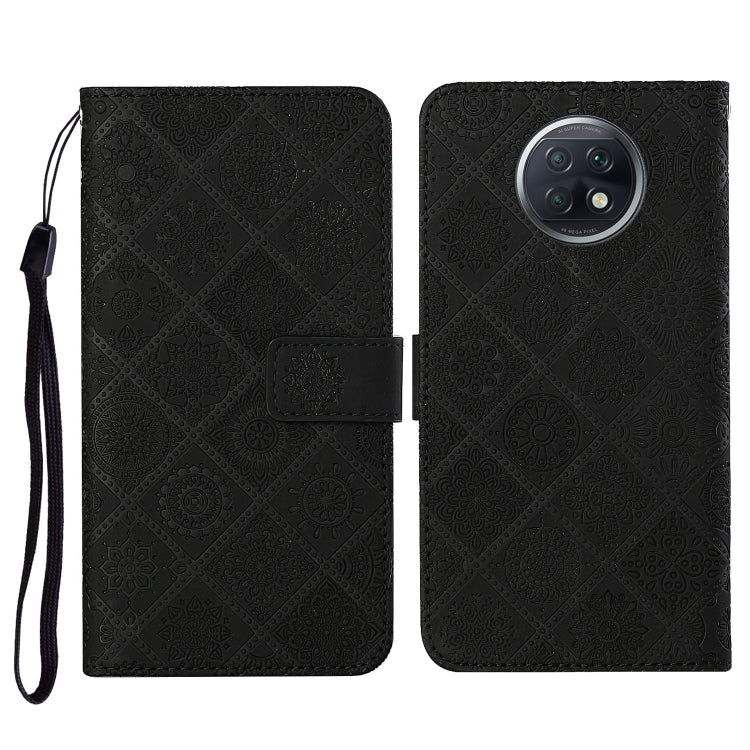 Black embossed flip leather phone wallet case with card slots and wrist lanyard
