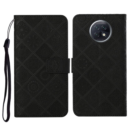 Black embossed flip leather phone wallet case with card slots and wrist lanyard