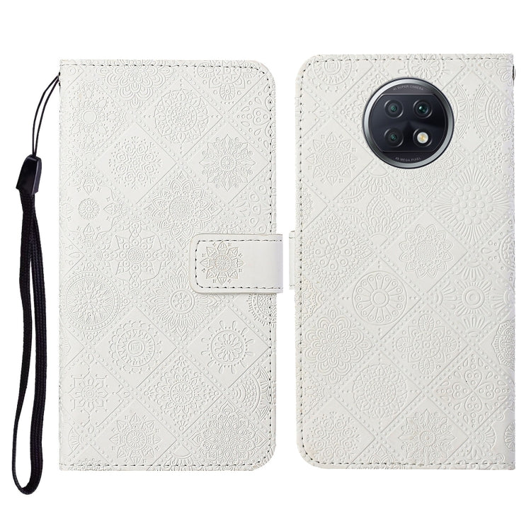 White embossed flip leather phone wallet case with card slots and wrist lanyard
