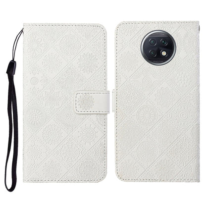 White embossed flip leather phone wallet case with card slots and wrist lanyard