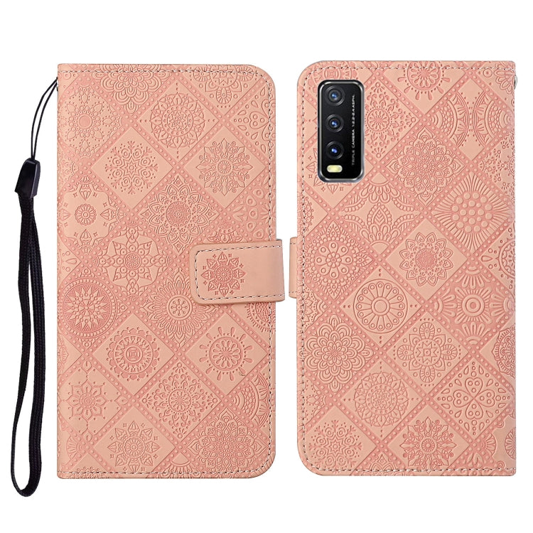 Pink embossed flip leather phone wallet case with card slots and wrist lanyard