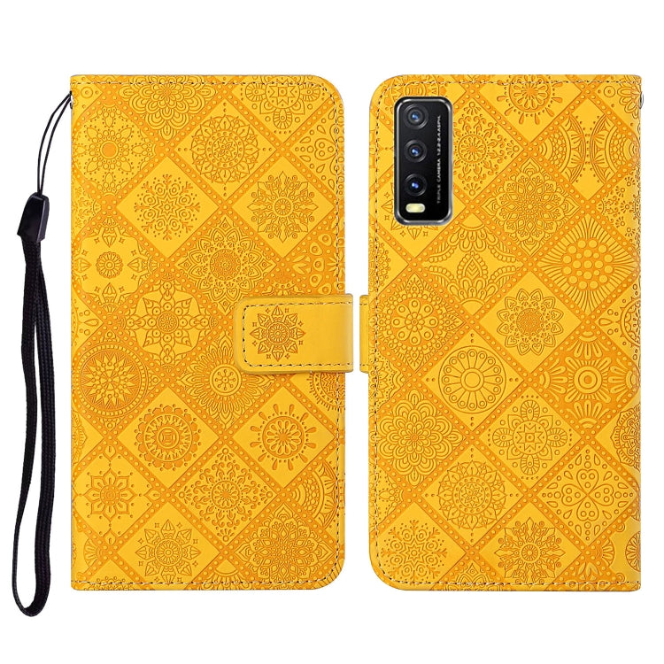 Yellow embossed flip leather phone wallet case with card slots and wrist lanyard