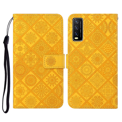 Yellow embossed flip leather phone wallet case with card slots and wrist lanyard