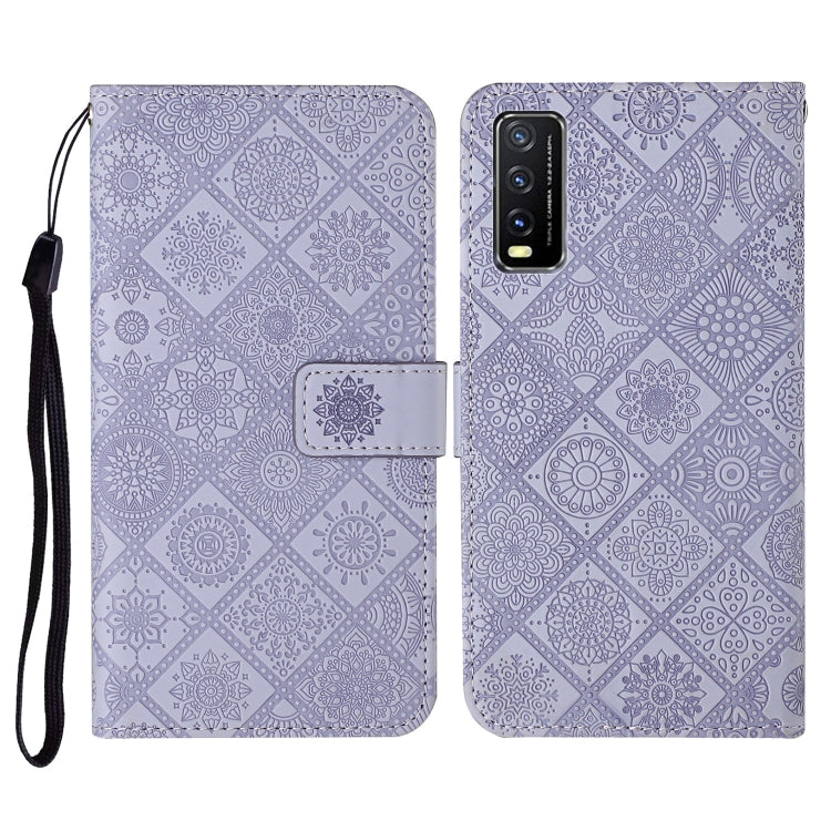 Lavender embossed flip leather phone wallet case with card slots and wrist lanyard