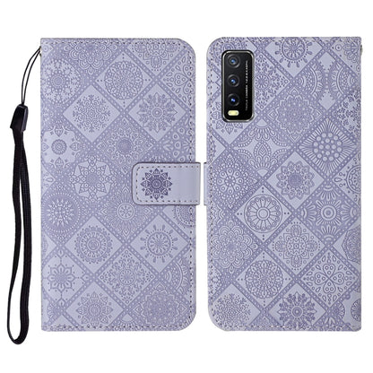 Lavender embossed flip leather phone wallet case with card slots and wrist lanyard