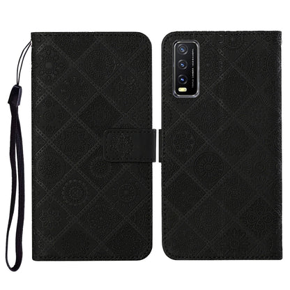 Black embossed leather folio phone case with card slots and wrist lanyard
