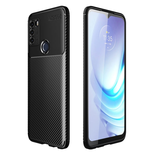 Black carbon fiber texture shockproof TPU phone case with raised camera and screen edges.
