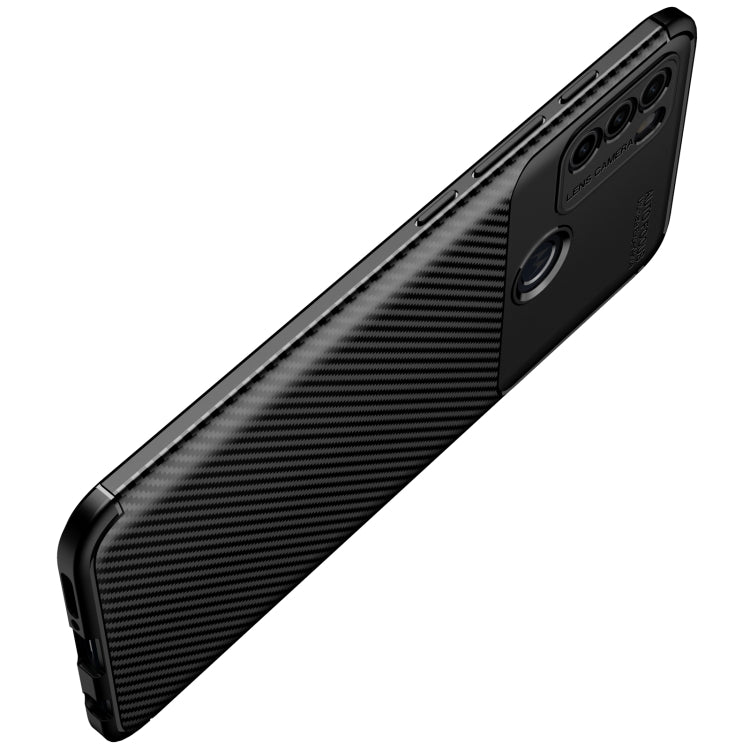 Black carbon fiber texture TPU phone case in angled view, showing camera bump and side cutouts.