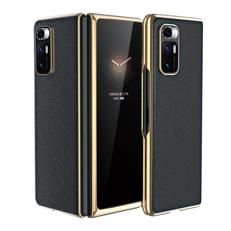 Dark gray leather-texture protective phone case with gold-tone edges and dual rear cameras