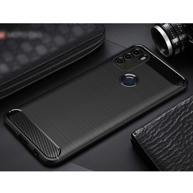 Black brushed TPU phone case close-up showing camera openings and textured side grips