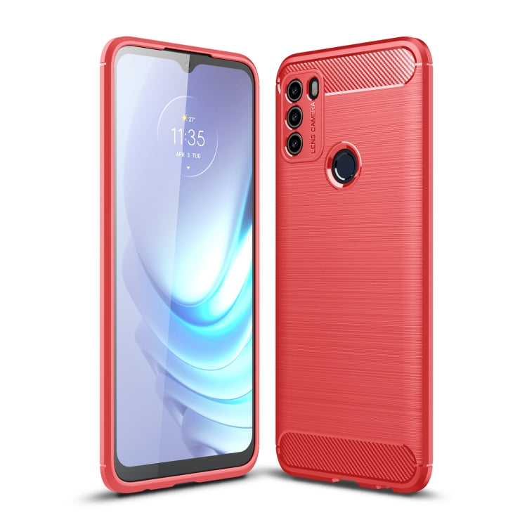 Red brushed carbon-fiber TPU phone case with camera openings and raised corner lip
