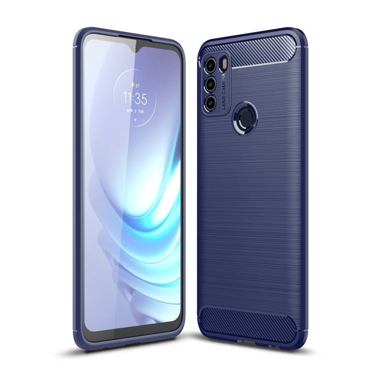 Brushed carbon fiber TPU phone case with circular camera cutout, dark blue