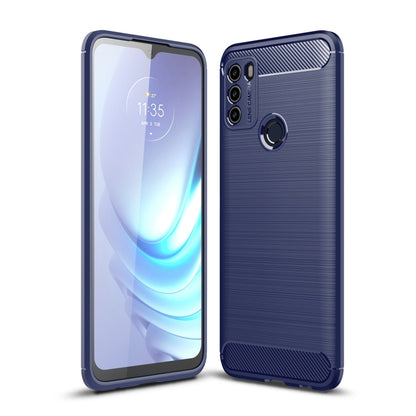 Brushed carbon fiber TPU phone case with circular camera cutout, dark blue