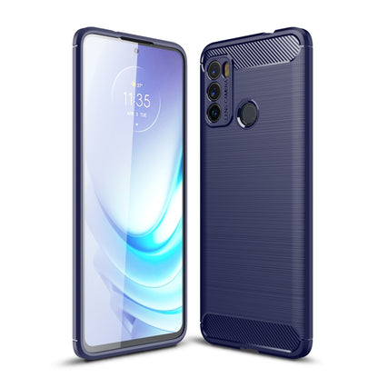 Dark blue brushed carbon fiber TPU case with camera lens and side button cutouts