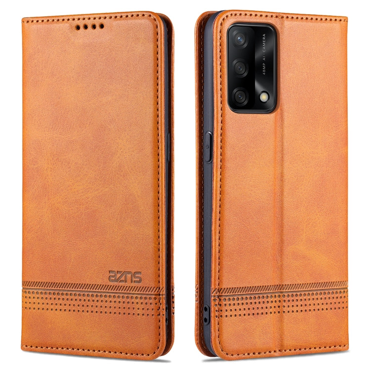 Light brown leather flip phone case with stitched edges and camera cutout