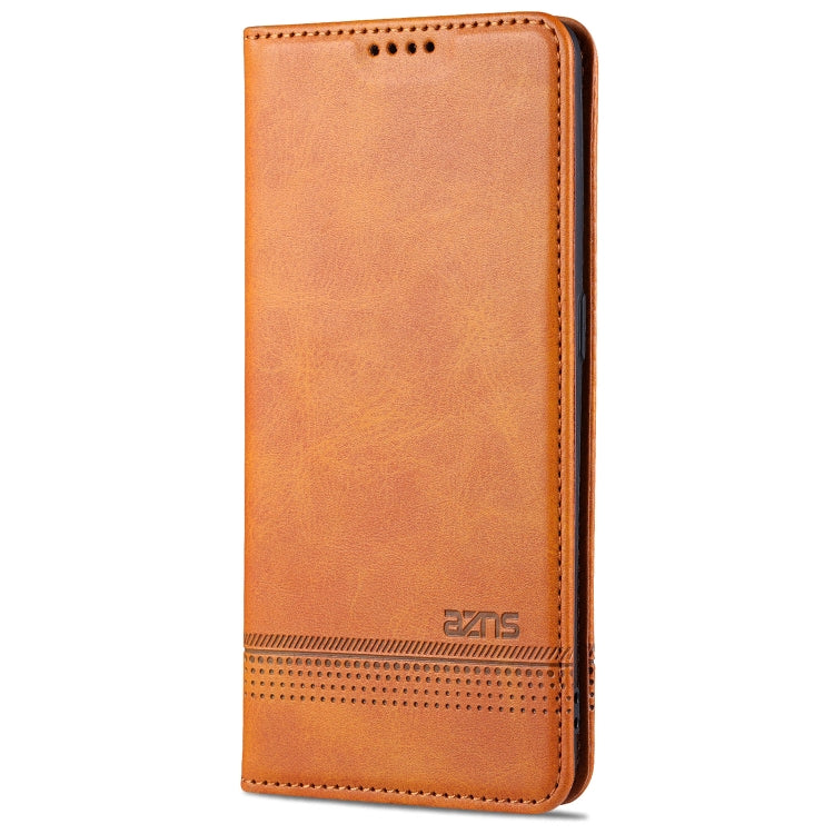 Light brown leather flip phone case front cover, stitched seams and card-slit detail
