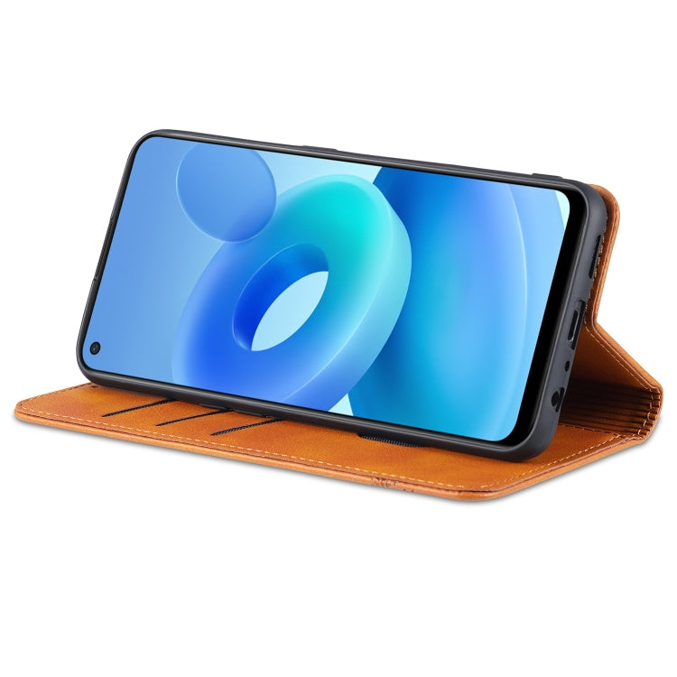 Light brown leather wallet flip case, front cover folded into viewing stand