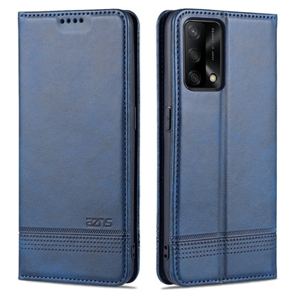 Blue leather flip phone case with stitched edges and camera cutout