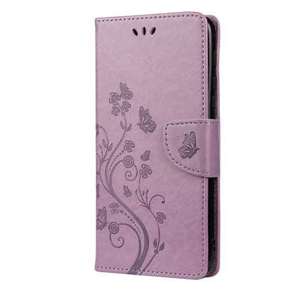 Light purple butterfly floral leather phone wallet case with front flip cover