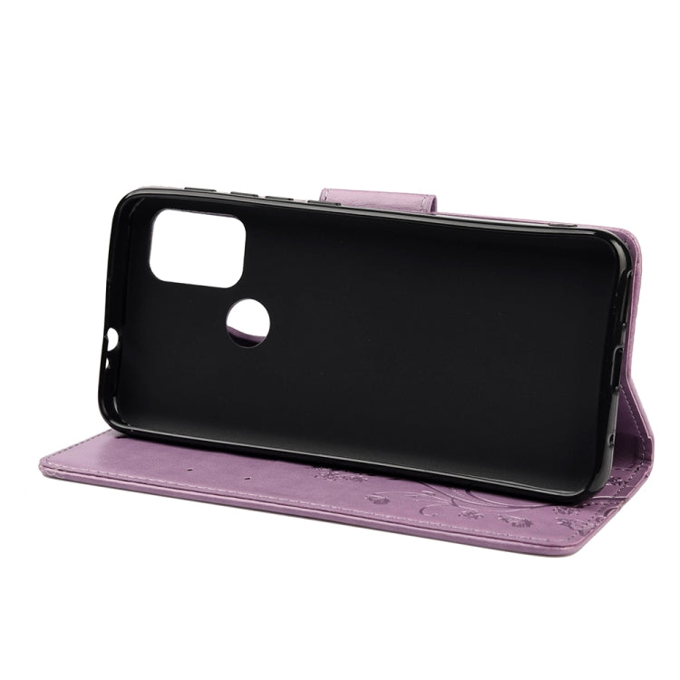 Light purple butterfly floral leather flip phone wallet case standing up as a holder