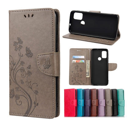 Gray butterfly floral flip leather phone wallet case with card slots and holder