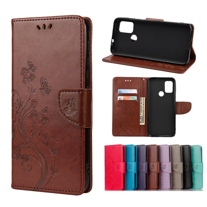 Brown butterfly floral leather phone wallet case with flip cover and card slots