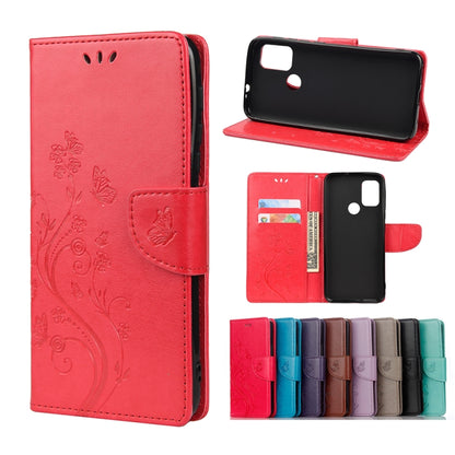 Red butterfly floral flip leather phone wallet case with card slots and holder