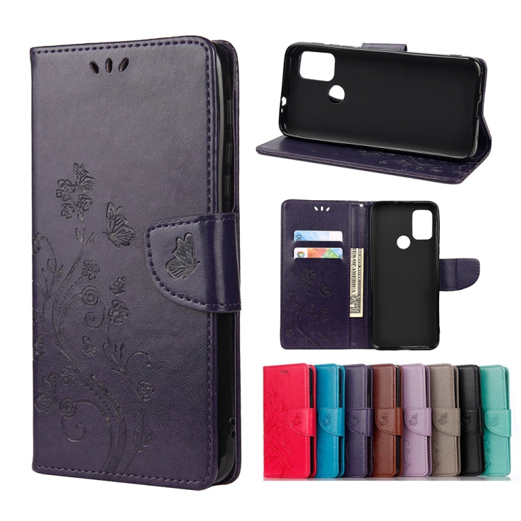 Light purple leather flip phone case with butterfly floral pattern, holder and card slots