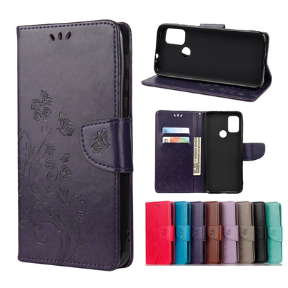 Light purple leather flip phone case with butterfly floral pattern, holder and card slots