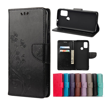 Dark gray leather flip phone case with butterfly floral pattern, holder and card slots