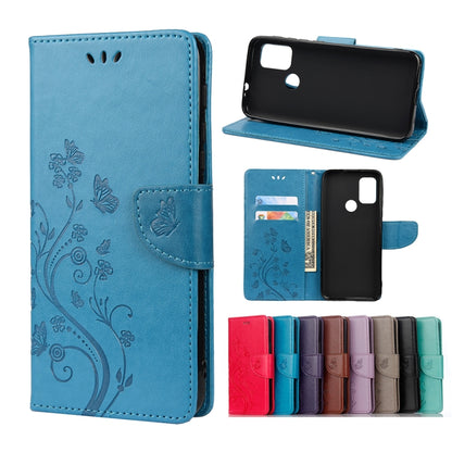 Light blue leather flip phone case with butterfly floral pattern, holder and card slots