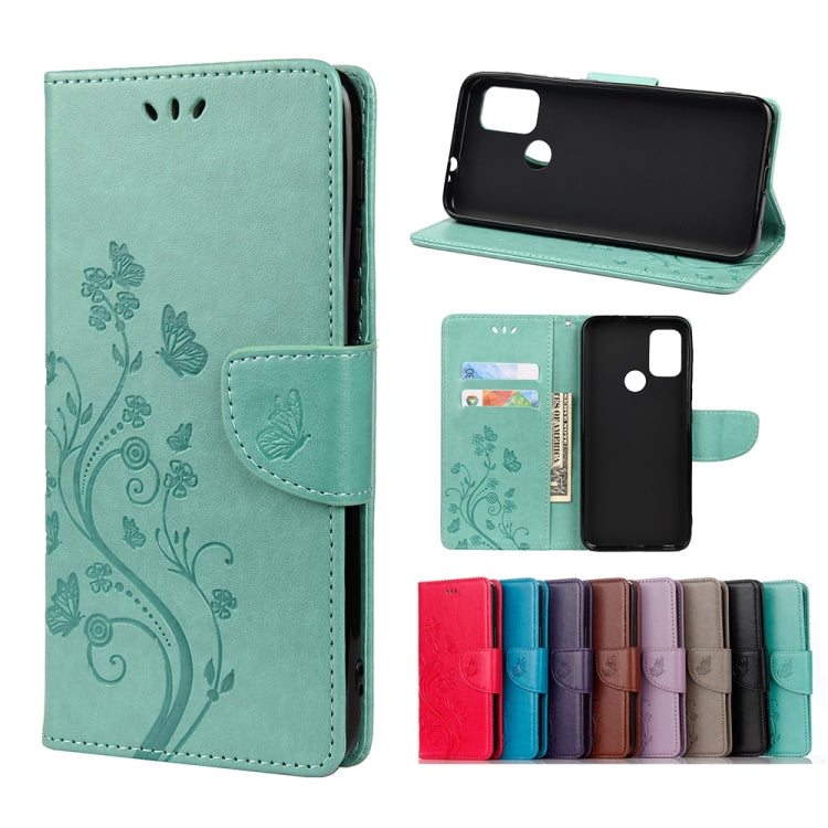 Mint green leather flip phone case with butterfly floral pattern, holder and card slots