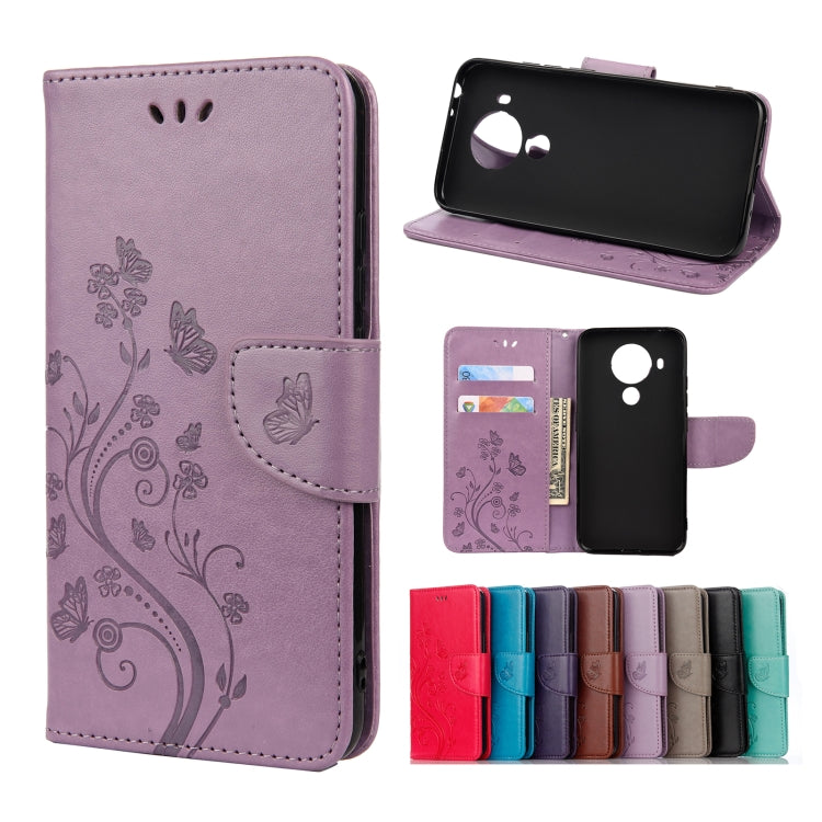 Lavender leather flip phone case with butterfly floral pattern, holder and card slots