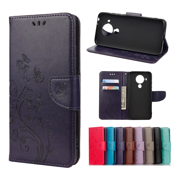 Dark purple leather flip phone case with butterfly floral pattern, holder and card slots