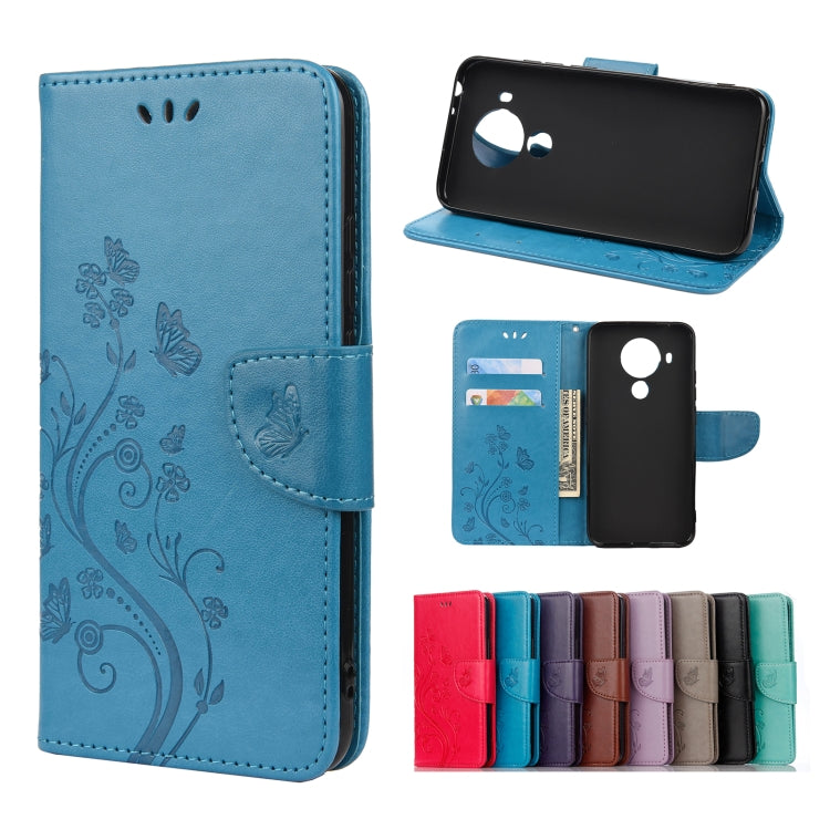 Blue butterfly flower flip leather phone case with card slots and stand holder