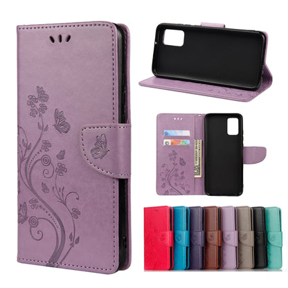 Light purple butterfly floral leather flip phone case with card slots and holder