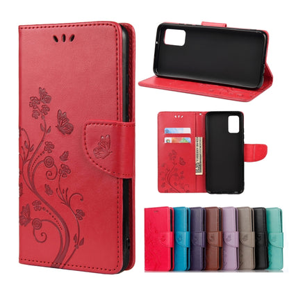 Red butterfly-flower leather flip phone case with card slots and stand holder