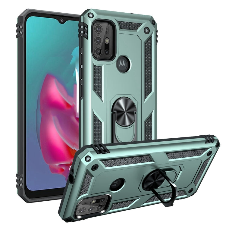 Rugged teal protective phone case with raised edges, dual cameras cutout, and kickstand ring