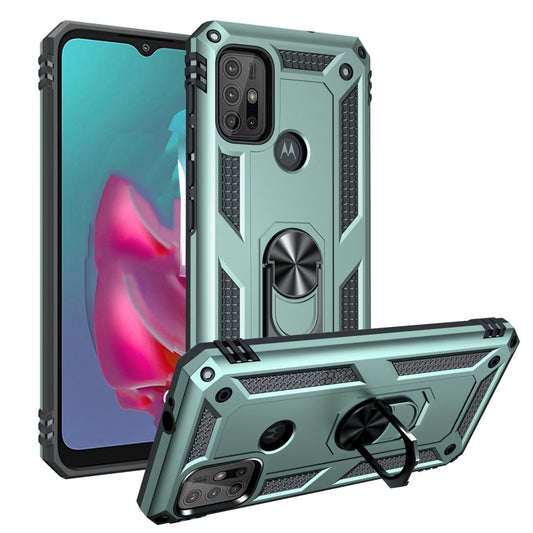 Rugged teal protective phone case with raised edges, dual cameras cutout, and kickstand ring