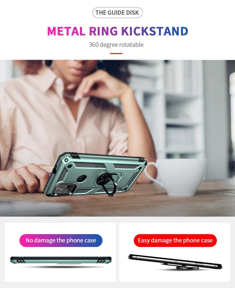 Teal rugged phone case with rotating kickstand ring, shown from the side on a desk